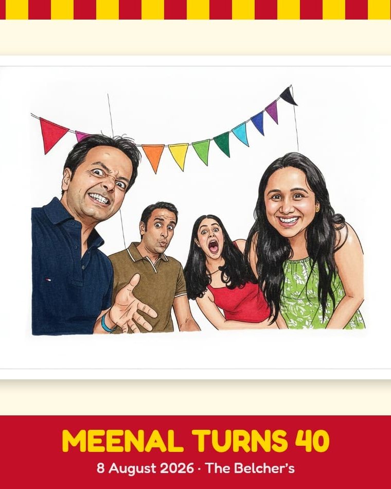 A framed caricature of a family, captioned Meenal turns 40