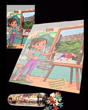 An illustrated route clue printed as a jigsaw with the pieces in a tube