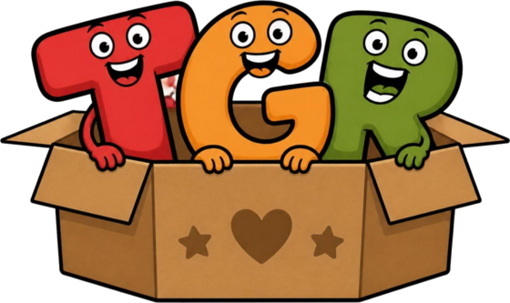 The Good Ruckus: the letters T, G and R popping out of a cardboard box